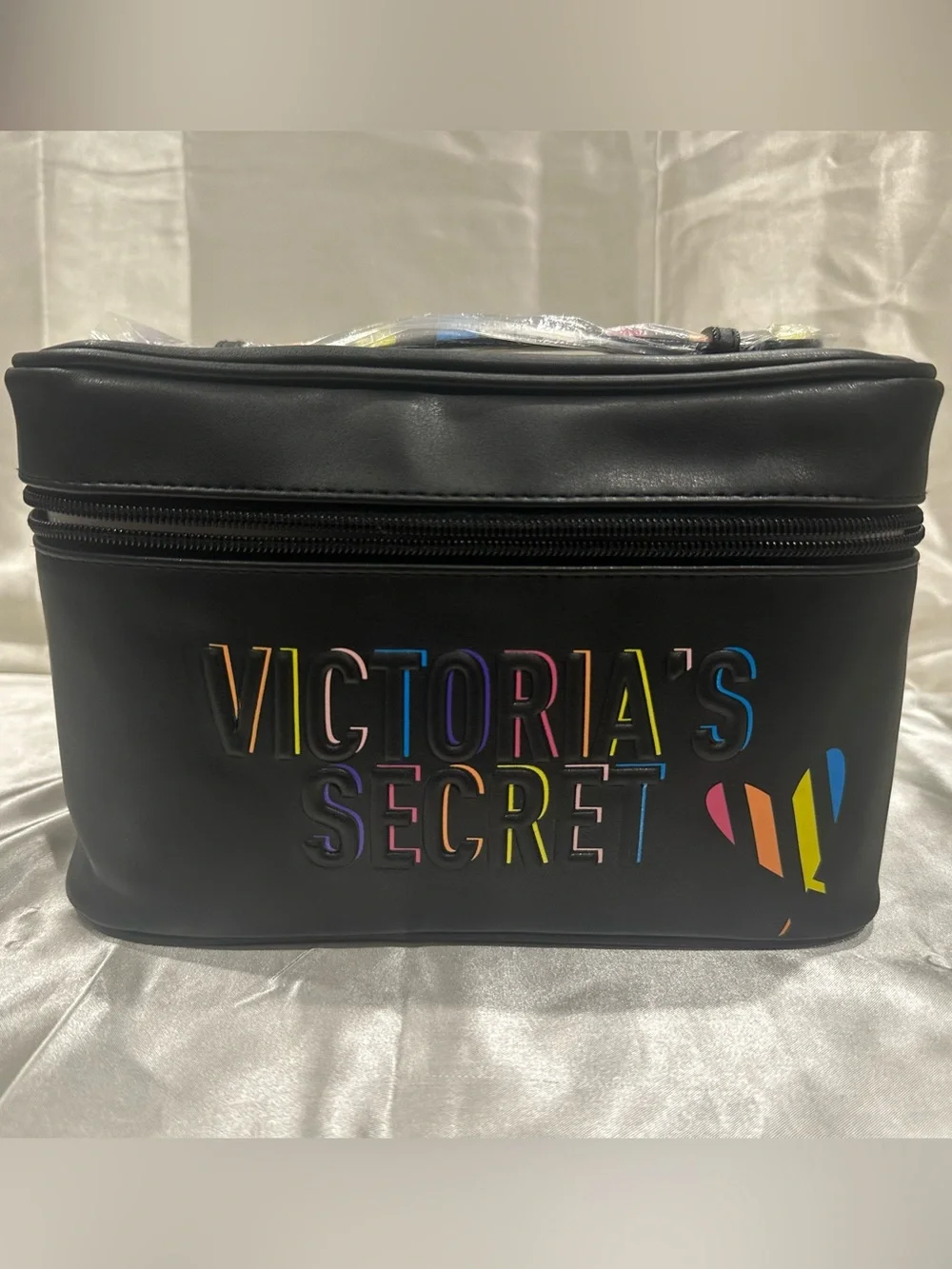 Victoria's Secret Black Cosmetic Train Case with Rainbow Stripe Pouch